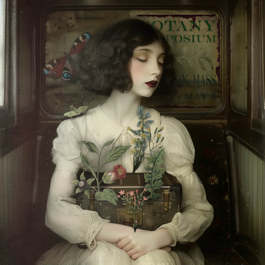 Photorealistic portrait of a man with pale skin and round glasses, gazing upwards against a bright blue background.