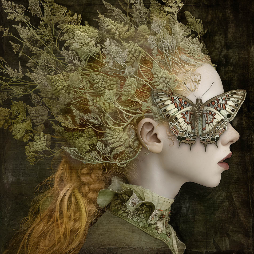 Photorealistic portrait of a man with pale skin and round glasses, gazing upwards against a bright blue background.