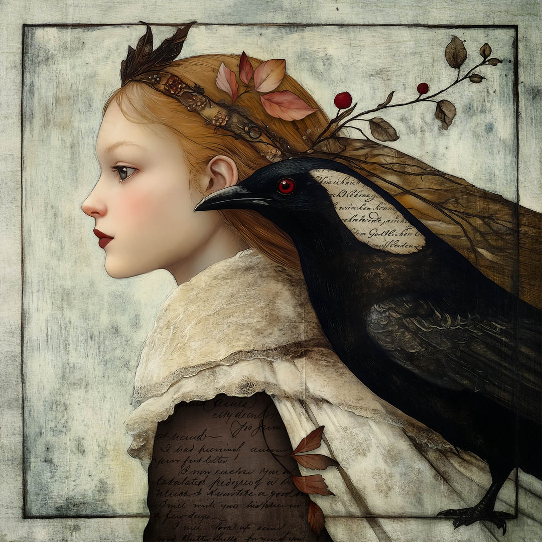 Illustration of a young girl in profile with a bird perched on her shoulder, adorned with a crown of branches and leaves, featuring a mix of vintage text and natural elements.