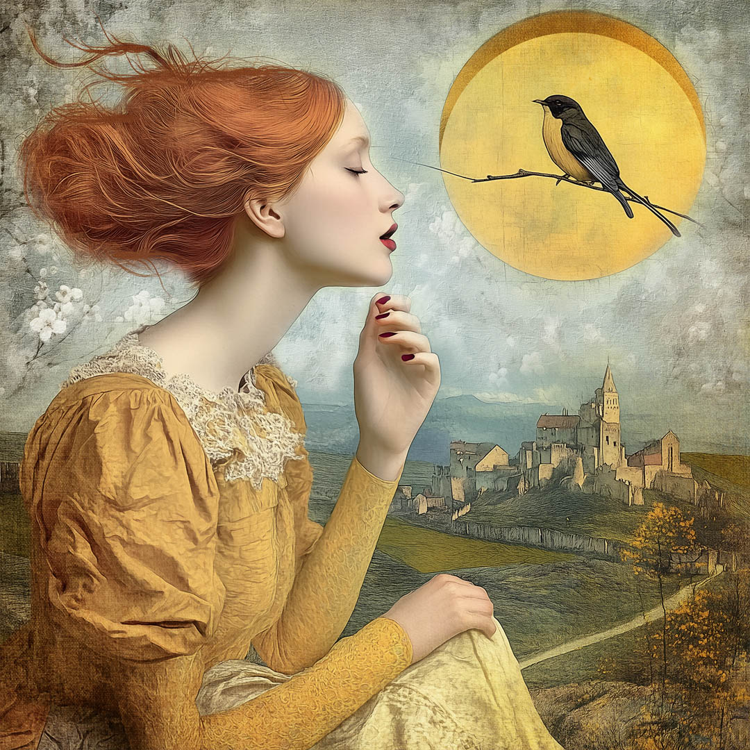 Photorealistic portrait of a man with pale skin and round glasses, gazing upwards against a bright blue background.