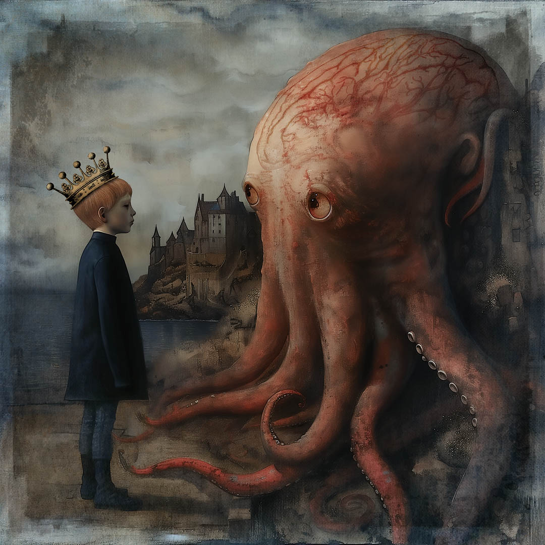 Photorealistic portrait of a man with pale skin and round glasses, gazing upwards against a bright blue background.