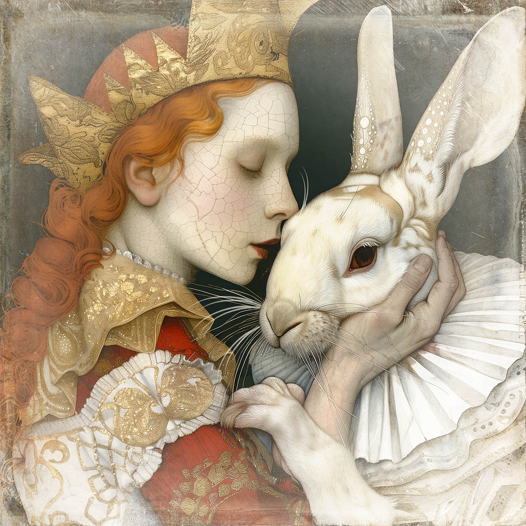 Photorealistic portrait of a man with pale skin and round glasses, gazing upwards against a bright blue background.