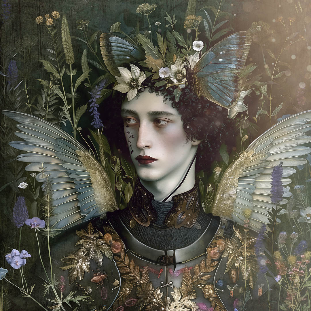 Photorealistic portrait of a man with pale skin and round glasses, gazing upwards against a bright blue background.