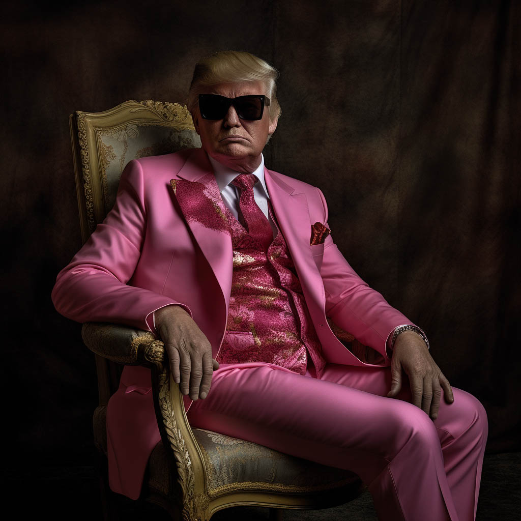 Portrait of Donald Trump seated in a luxurious, ornate chair, wearing a striking pink suit with a patterned vest and matching tie. He has a stern expression and is accessorized with dark sunglasses, adding an air of mystery and authority. The dark background and sophisticated lighting lend the image a refined, classic, and slightly surreal quality.