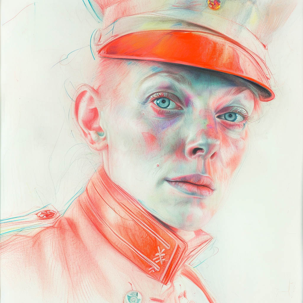 Creamy pencil drawing on vellum of a person in a British military-style uniform, with an intense gaze and detailed facial features. The hat and collar are accented in vibrant red, adding contrast to the otherwise subtle tones. The artwork combines realism with expressive color highlights, giving it a unique and striking appearance.