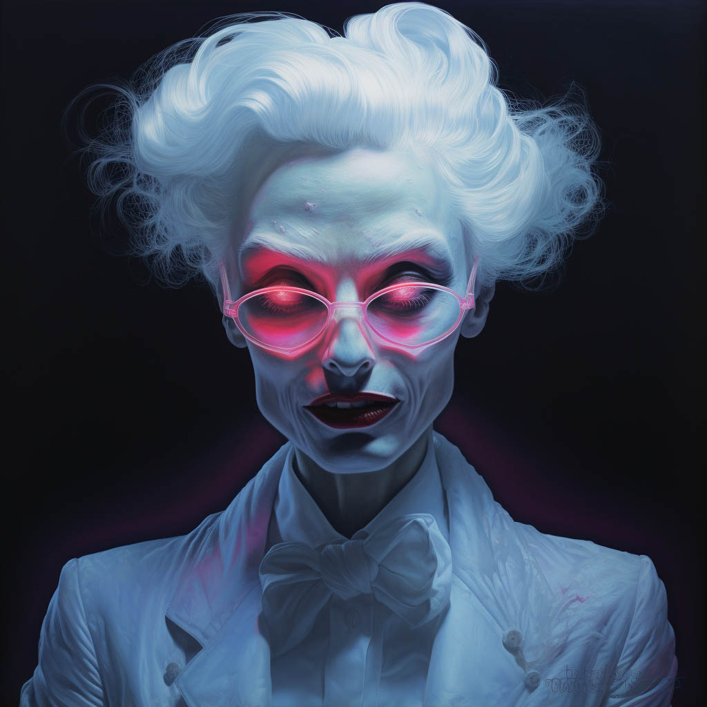 Surreal portrait of a person with striking white hair and glowing pink glasses, set against a dark background. Their face has a pale, ghostly complexion with strong shadows, and they wear a formal suit with a bow tie. The expression is intense, with red accents highlighting their features, giving an otherworldly, almost sci-fi or gothic appearance.