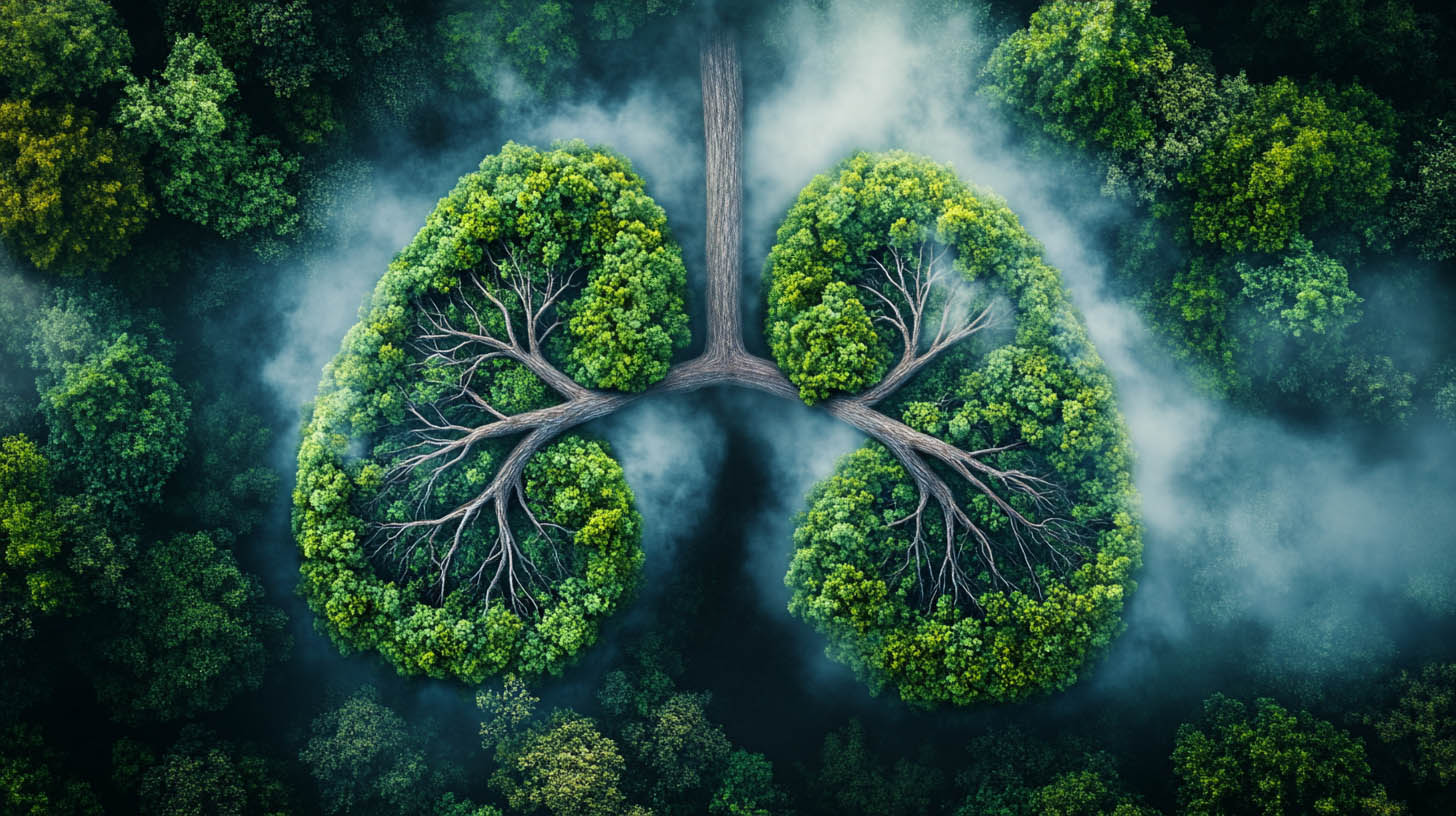 Aerial view of a forest with sections shaped like human lungs, symbolizing the concept of nature as Earth's lungs. The lush green foliage forms the lobes, with tree trunks and branches resembling the bronchial structures, while mist rises around the edges, enhancing the ethereal and symbolic representation of environmental harmony and the importance of forests in sustaining life.