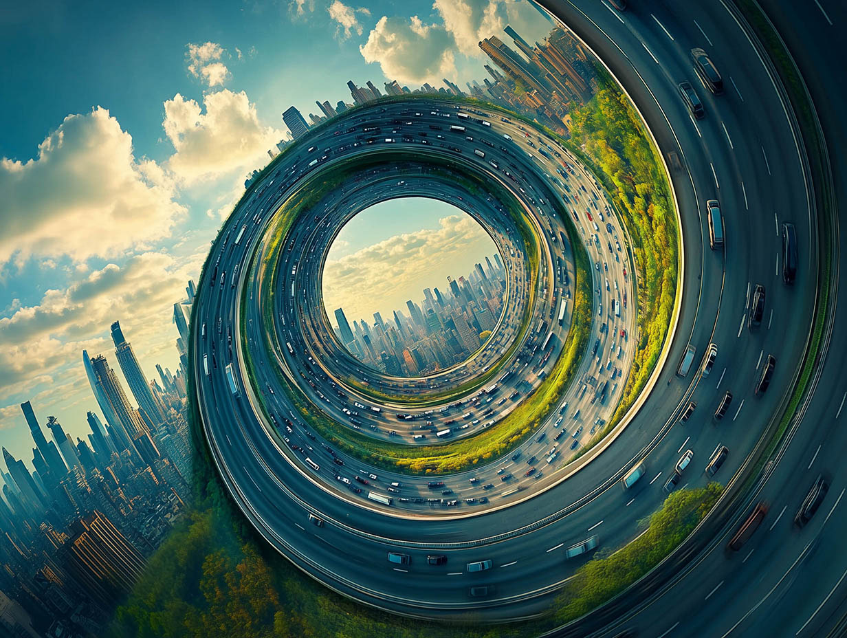 Surreal image of a bustling highway looped into a circular, tunnel-like structure with cars traveling along its curved lanes. Skyscrapers line the outside, while greenery runs alongside the road, blending urban and natural elements. The perspective creates a mind-bending, vortex effect, as if the city and highway fold inward upon themselves.