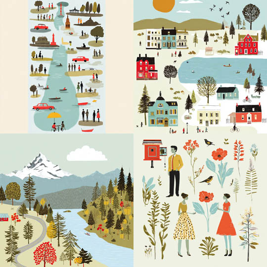 Pastel Folk Landscape Illustration