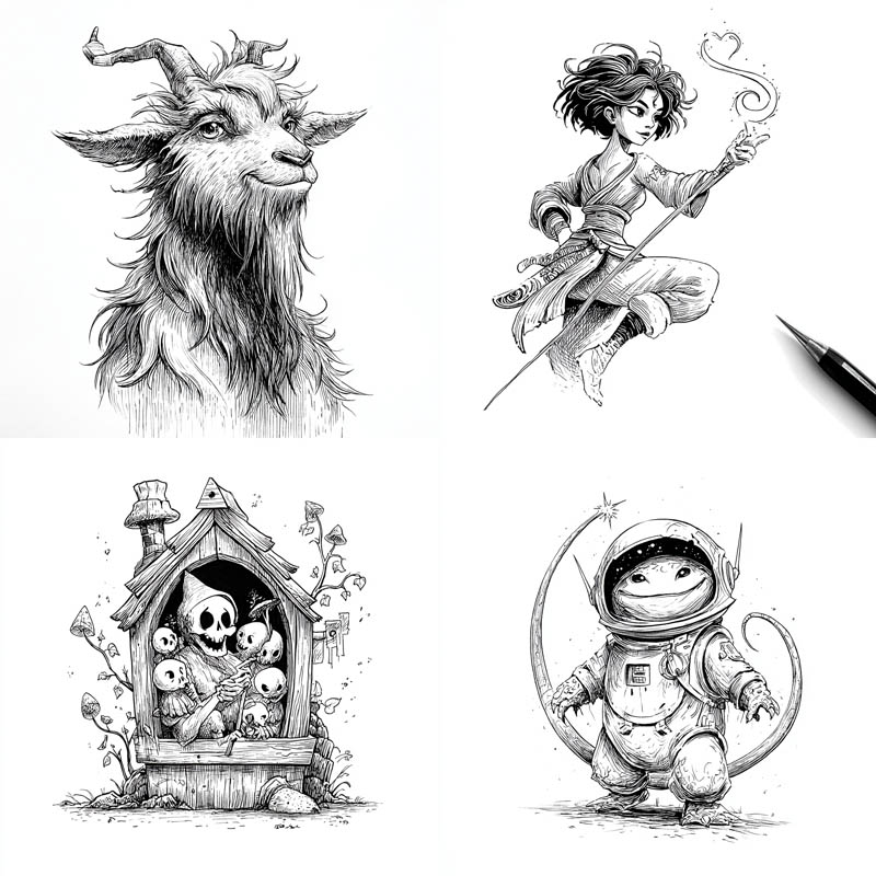 Whimsical Monochrome Line Art