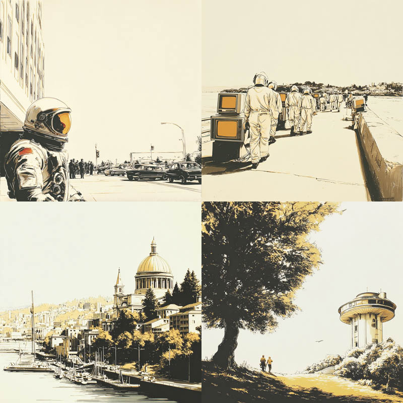 Retro-Futuristic Sepia Line Art