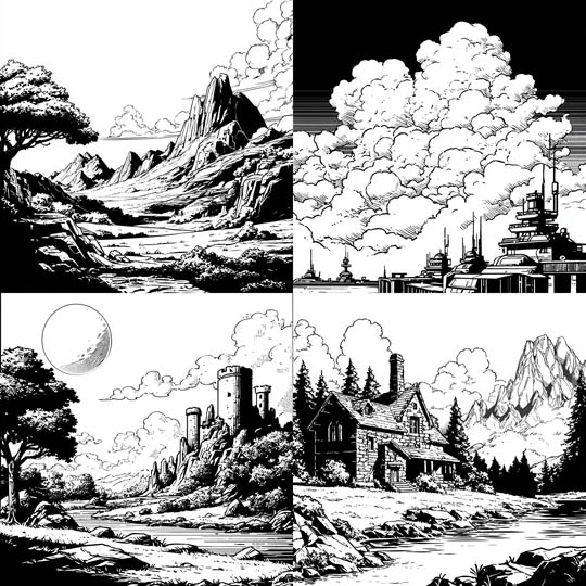 Black-and-White Line Art Landscapes