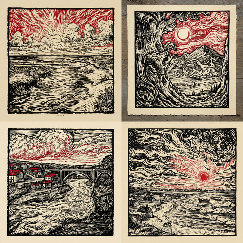 Crimson Woodcut Vistas